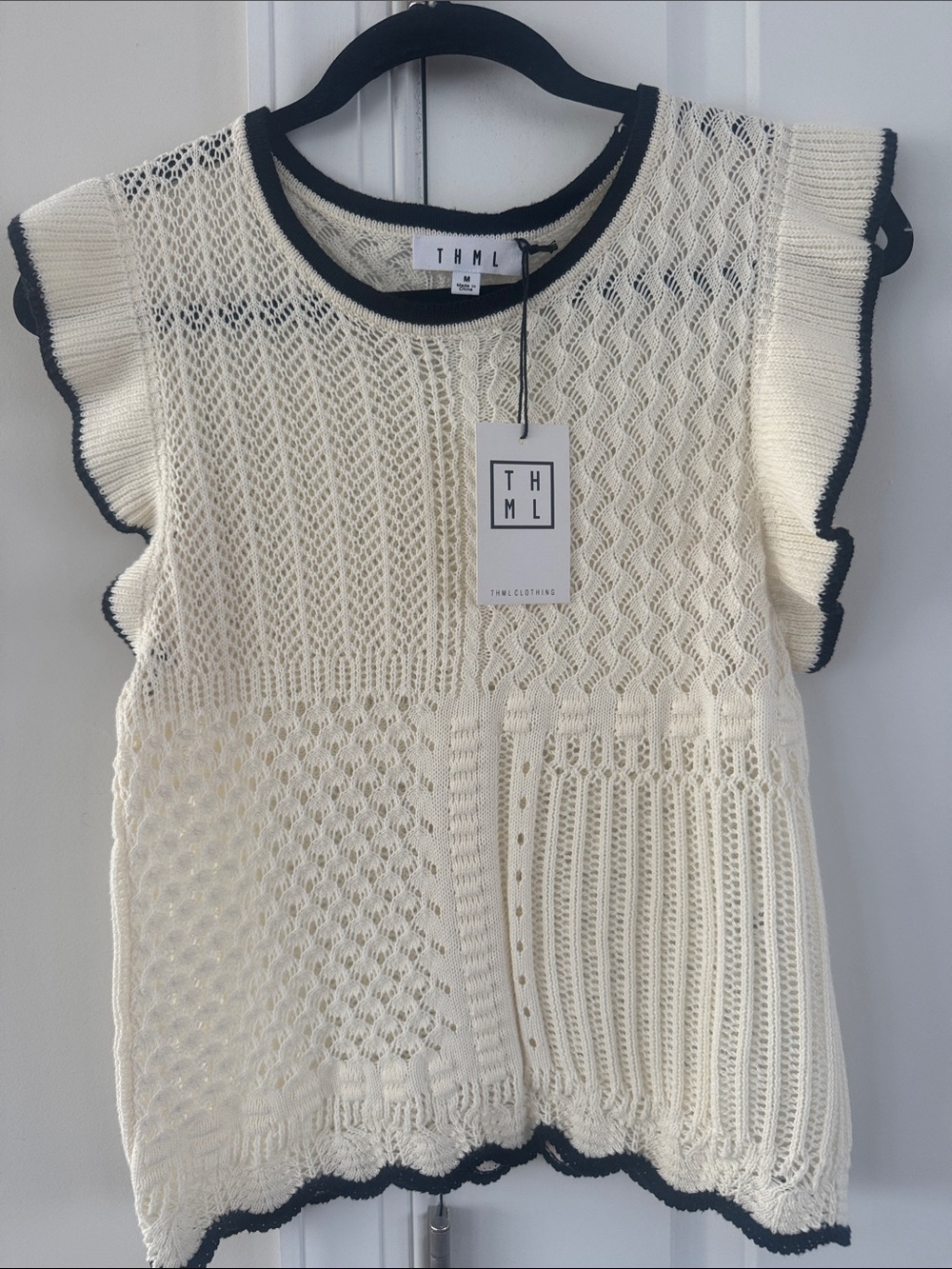 THML Cream Knit Ruffle Sleeve Tank with Black Trim
